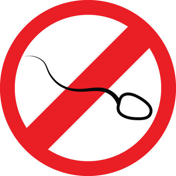 Sperm cell inside a red prohibition sign vector illustration. This graphic symbol represents birth control, contraception, and vasectomy. Simple medical icon for family planning concepts.