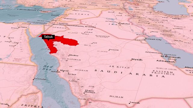 Tabuk Province Highlighted Red on Saudi Arabia Wide Political Map Animation Middle East