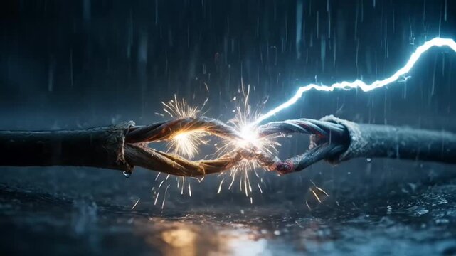 Electrical wires sparking and short circuiting in heavy rain