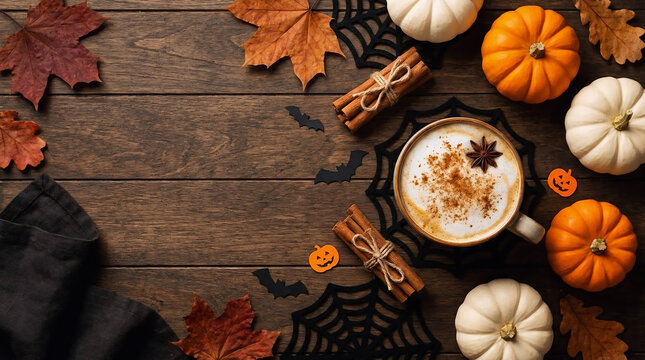 Halloween Pumpkin Spice Latte with Autumn Leaves, Pumpkins and Rustic Wooden Background
