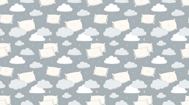 Seamless pattern with pillows and clouds on a grey night background