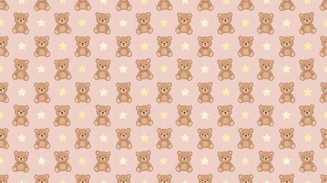 Seamless pattern with cute teddy bears and stars on pink background