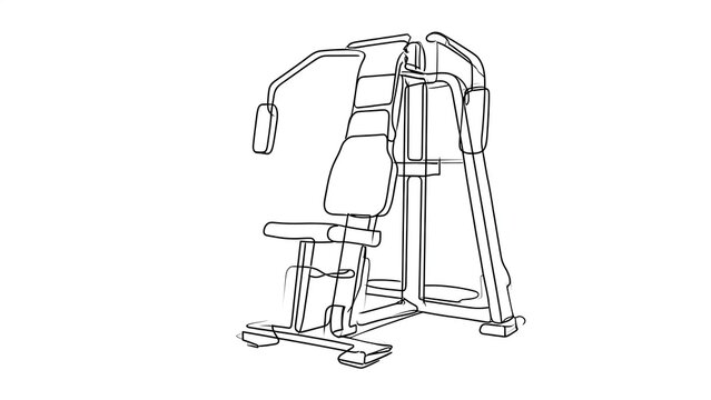 Line art of gym weight machine on white background.