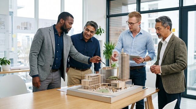 Diverse team of architects and business professionals collaborating on a detailed building model, discussing urban development plans and real estate projects