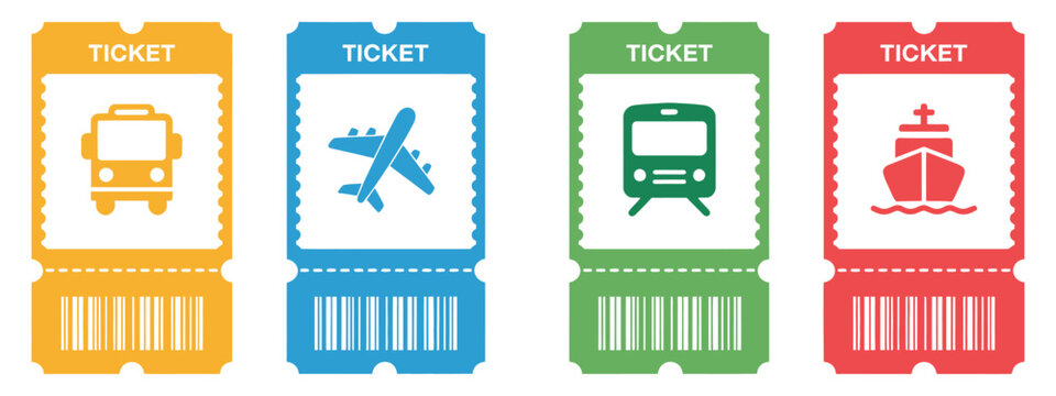 Travel Tickets Featuring Bus, Plane, Train, and Boat Boarding Pass Designs with Barcodes for Transportation and Tourism