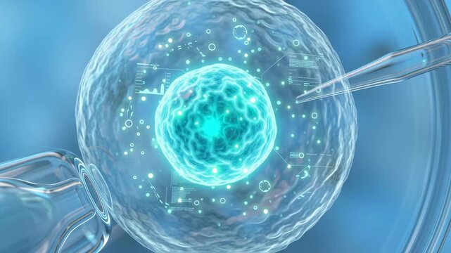 Glowing cell nucleus under microscope with pipette and vial in scientific research laboratory biology experiment analysis