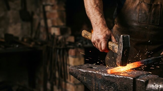 Blacksmith striking glowing iron with hammer on anvil