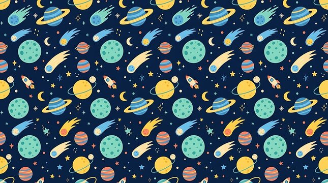 Seamless outer space pattern with planets stars and rockets