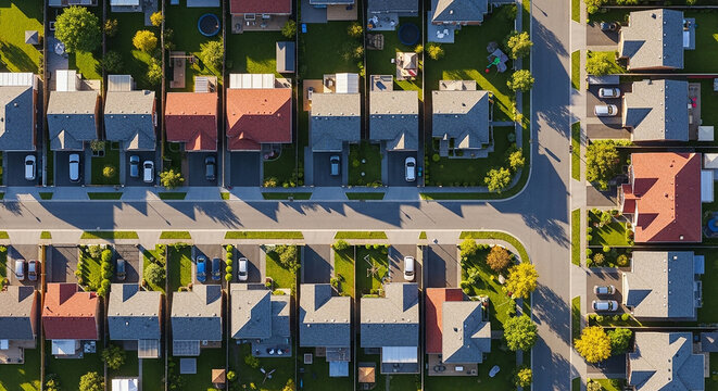 Aerial view of a suburban neighborhood with rows of houses and streets from above