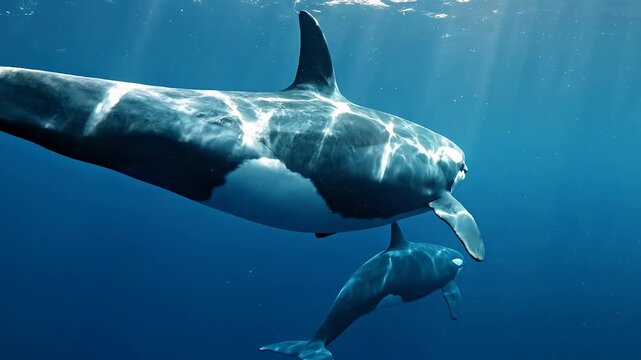 Orca mother and calf swimming gracefully underwater in blue ocean