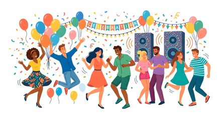 Fototapeta premium Group of diverse friends dancing at birthday party with balloons. Joyful multicultural people celebrating with confetti and music in vibrant flat i...