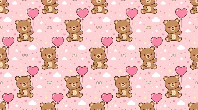 Seamless pattern with cute teddy bears holding heart balloons