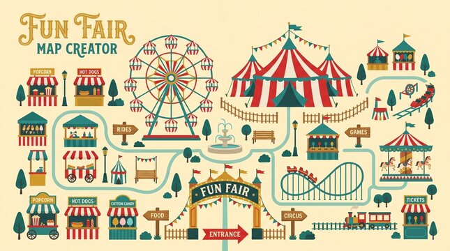 Vintage Amusement Park Attractions Poster Vector Illustration