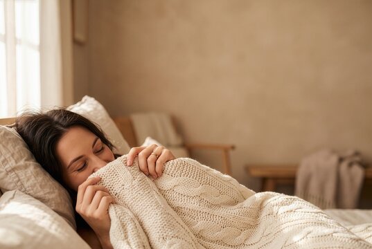 Serene woman holding duvet in cozy bedroom with warm beige copy space