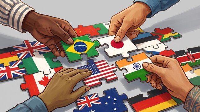 Diverse Hands Connecting World Flag Puzzle Pieces Vector Illustration