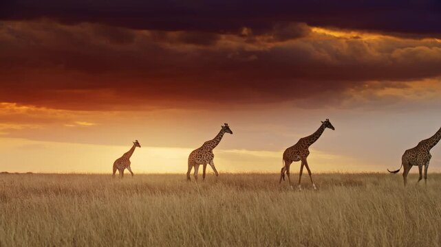 Silhouette of giraffes walking across the African savanna at sunset during golden hour