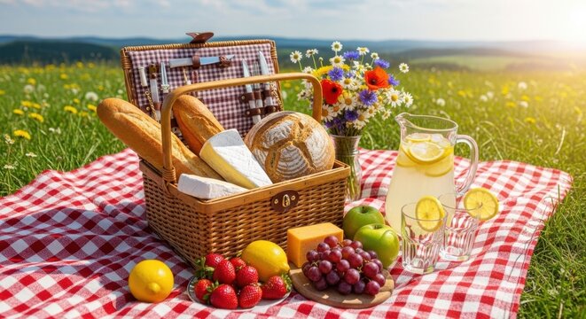 Summer picnic basket with fresh food and lemonade on a red checkered blanket in a sunny meadow.