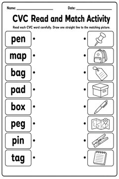 Educational cvc read and match worksheet for kindergarten students featuring pen, map, bag, pad, box, peg, pin, and tag