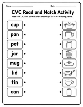 Educational cvc word matching worksheet for kindergarten students featuring kitchen like cup, pan, pot, jar, mug, tin