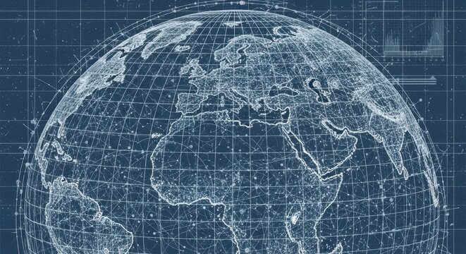 Wireframe globe with grid lines on dark background.
