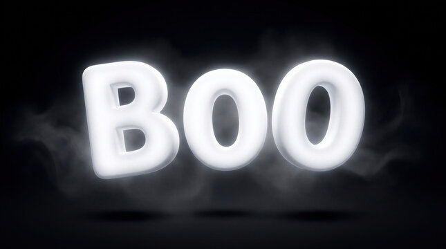 Glowing white BOO text with mystical smoke on black background. Scary sign for Halloween celebration. Spooky holiday design element for party invitation and digital graphic background.