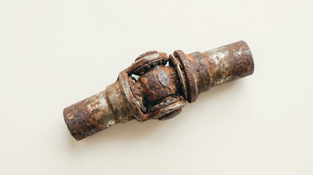 Rusted metal universal joint isolated on white background. Damaged automotive mechanical component as metaphor for chronic joint pain, arthritis, stiffness and inflammatory disease.