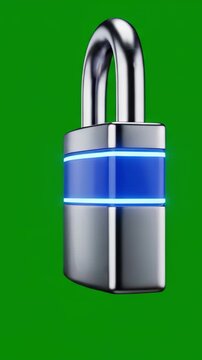 Glowing Cyber Security Padlock Green Screen - Rotating Secure Digital Lock on Chroma Key Background - Network Safety and Corporate Data Privacy Video Asset