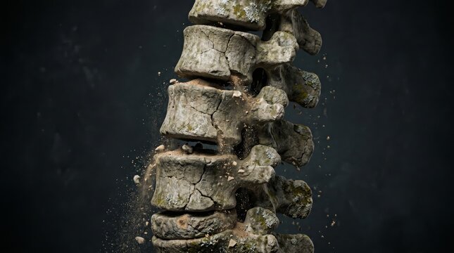 Human spine made of cracked stone crumbling into sand. Metaphor for osteochondrosis and bone degradation. Medical concept of spinal disease, age related health issue and pain relief.