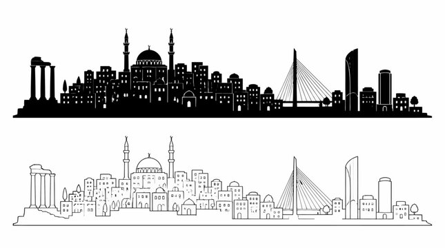 Beirut skyline silhouette with mosque and modern bridge