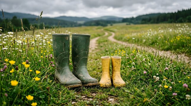 Pair of green and yellow rubber boots in a wildflower meadow with mountain landscape