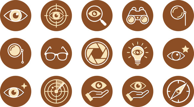 Vision and Surveillance Round Icon Set with Eye, Binoculars, Monocle, Radar, and Shutter Symbols for Security Apps, Optical Websites, and Creative Graphic Designs