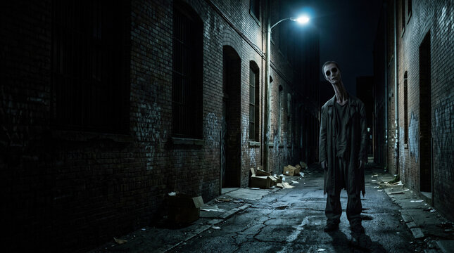 Creepy alien man standing in dark brick alleyway at night. Surreal horror creature with long neck in urban setting. Gloomy atmosphere for Halloween thriller, mystery, and suspense theme.
