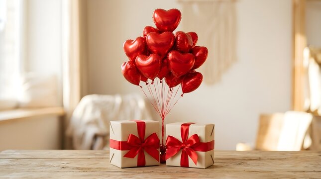 Romantic valentine's day gift setup with red heart balloons and wrapped presents on wooden table