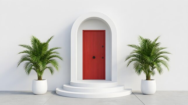 Elegant red doorway with arched frame and lush palm plants in white planters