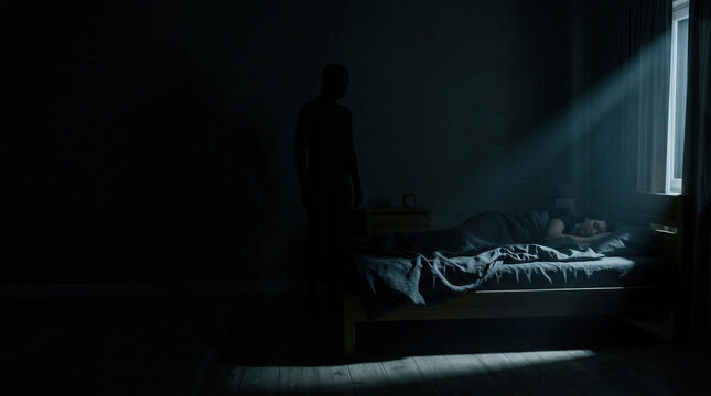 Shadowy figure standing in room beside sleeping woman. Scary ghost in dark bedroom at night. Thriller scene for Halloween movie concept. Psychological horror theme with mysterious entity.