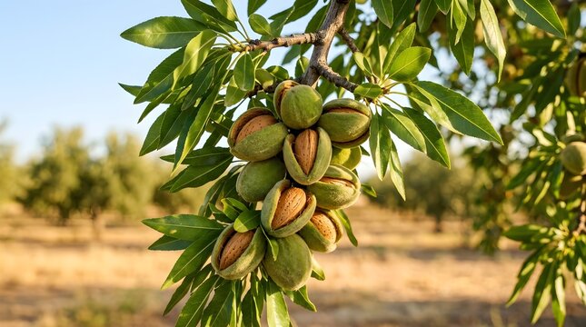Almond orchard harvest close up of ripening almonds hanging from a branch in golden sunlight