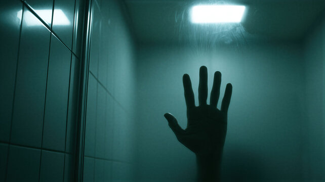 Silhouette of a woman hand pressed against shower glass. Halloween horror scene with dark blue lighting. Ghostly figure trapping in bathroom stall. Scary mystery and thriller concept.