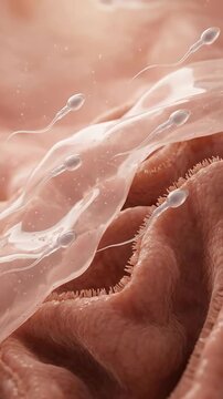 Procreative cellular quest: sperm navigate, female system, human reproduce, ovum seek, life create, fertilize process, embryonic develop, internal view, microscopic journey.
