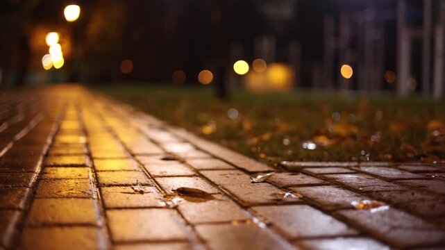 Cinematic low-angle shot of a wet paved path at night with bokeh street lights, capturing a moody autumn atmosphere. city life and the changing seasons
