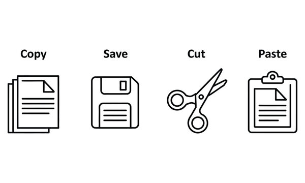 Text Editing Vector Icons Featuring Copy, Save, Cut, Paste, Undo, Redo, and Clipboard Symbols for Web and App Interfaces