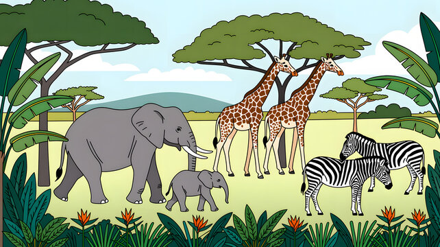 African savanna scene with elephants giraffes and zebras in cartoon style baby elephant
