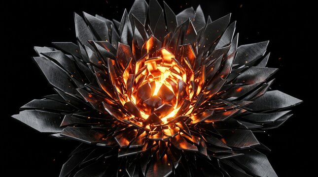 Radiant lotus flower glowing in dark background. Vibrant illuminated bloom with fiery orange center on black backdrop.