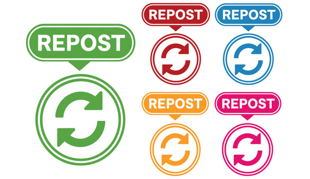 Set of colorful repost icons with circular arrows for social media marketing and web design.