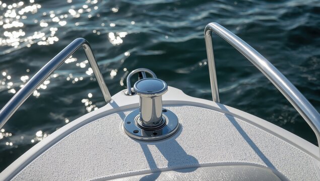 Close-up of a plastic motorboat's bow deck with a mooring cleat and railing, marine gear.