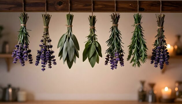 dried lavender sage and rosemary bundles hanging from dark wooden beam
