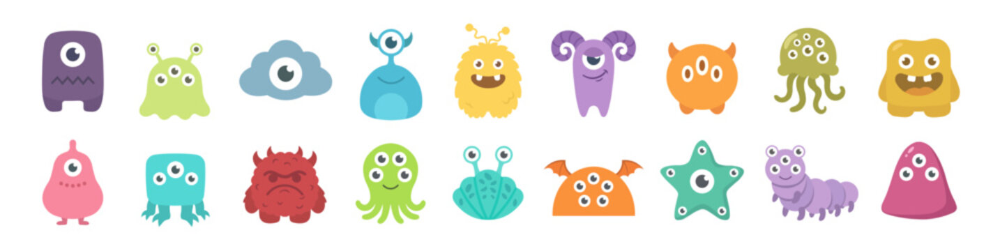 Set of cute, colorful cartoon monsters and aliens, flat vector icons set, isolated on white background, design elements for kids.