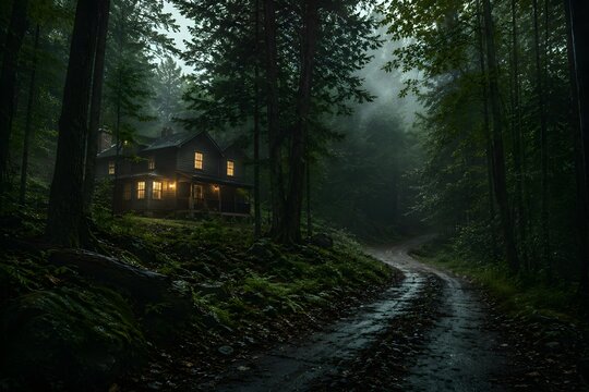 path in the woods,a creapy house near a road