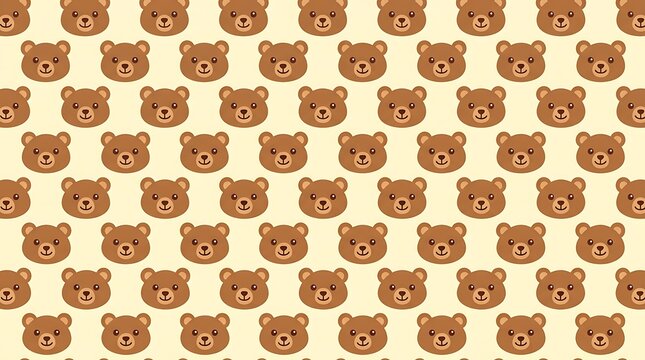 Seamless pattern of cute brown bear heads on a cream background