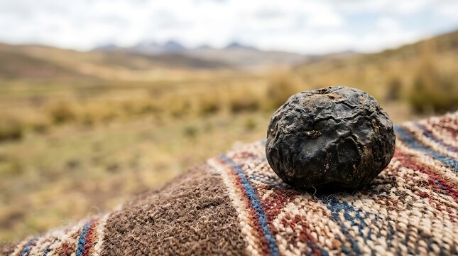 Freeze dried potato chu&ntilde;o on traditional textile in the andes