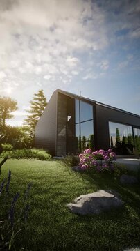 Modern Scandinavian Barn House Exterior with Blooming Garden &ndash; Cinematic 3D Animation, Vertical Video